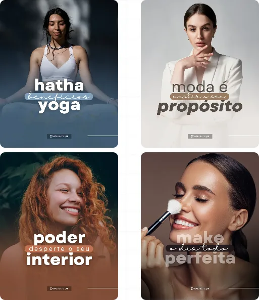 Quatro adaptações do mesmo template: yoga, moda, bem-estar e maquiagem